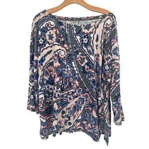 T By Talbots Womens Floral Paisley Print Top 3/4 Sleeve knit size XL